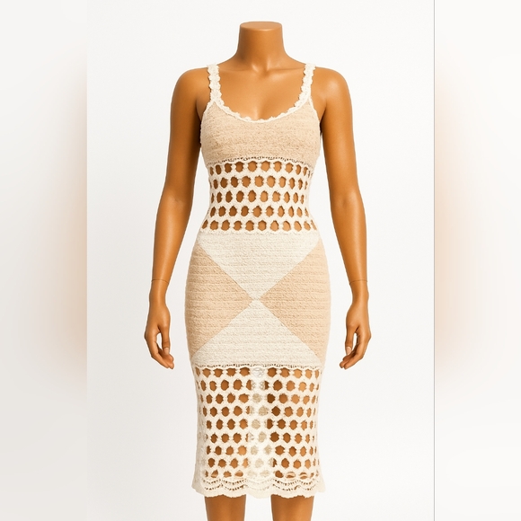 HANDCRAFTED Crochet Macrame Knit Dress Festival Midaxi Swim Cover Cream Tan S 4 - Picture 11 of 11